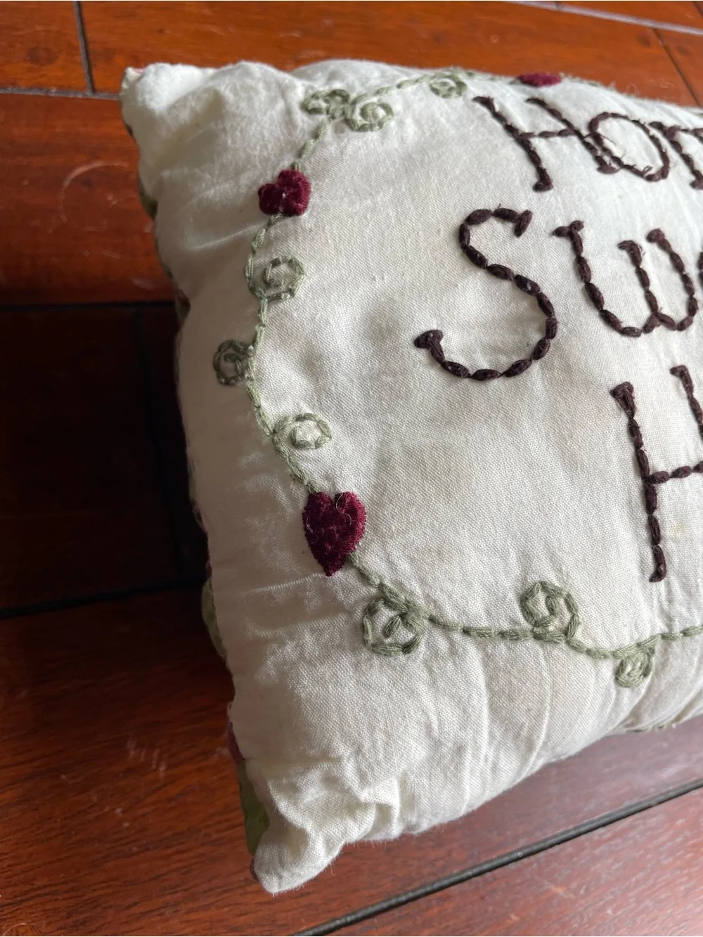 Home Sweet Home Embroidered Throw Pillow - Cream with Burgundy Accents